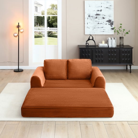 2-In-1 Folding Convertible Sofa Bed, Modern Corduroy Sleeper Couch with 2*Pillows, Futon Modular Upholstered Boneless Loveseat with Pull-Out Bed, Folding Floor Modular Couch for Living Room (Orange)