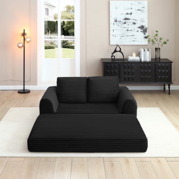 2-In-1 Folding Convertible Sofa Bed, Modern Corduroy Sleeper Couch with 2*Pillows, Futon Modular Upholstered Boneless Loveseat with Pull-Out Bed, Folding Floor Modular Couch for Living Room (Black)