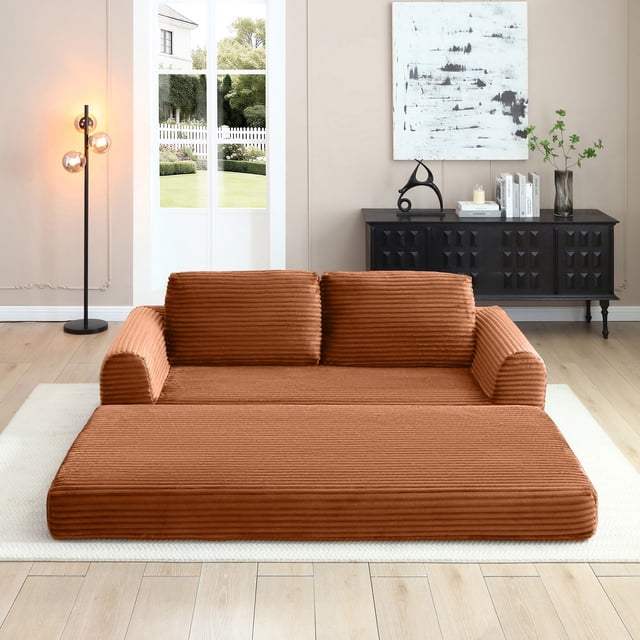 2-In-1 Folding Convertible Sofa Bed, Modern Corduroy Sleeper Couch with 2*Pillows, Futon Modular Upholstered Boneless Sofa with Pull-Out Bed, Folding Floor Modular Couch for Living Room (Orange)