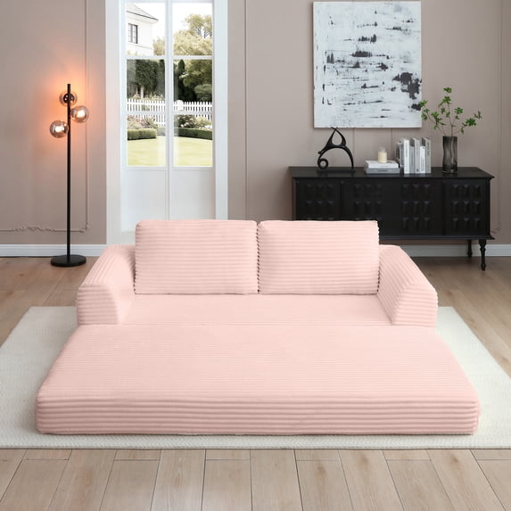 2-In-1 Folding Convertible Sofa Bed, Modern Corduroy Sleeper Couch with 2*Pillows, Futon Modular Upholstered Boneless Sofa with Pull-Out Bed, Folding Floor Modular Couch for Living Room (Pink)
