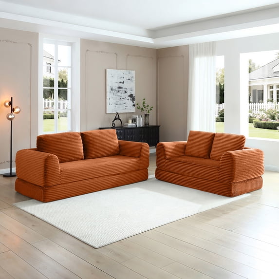 2-In-1 Folding Convertible Sofa Bed, Modern Corduroy Sleeper Couch with 2*Pillows, Futon Modular Upholstered Boneless Sofa Set with Pull-Out Bed, Folding Floor Modular Couch for Living Room (Orange)