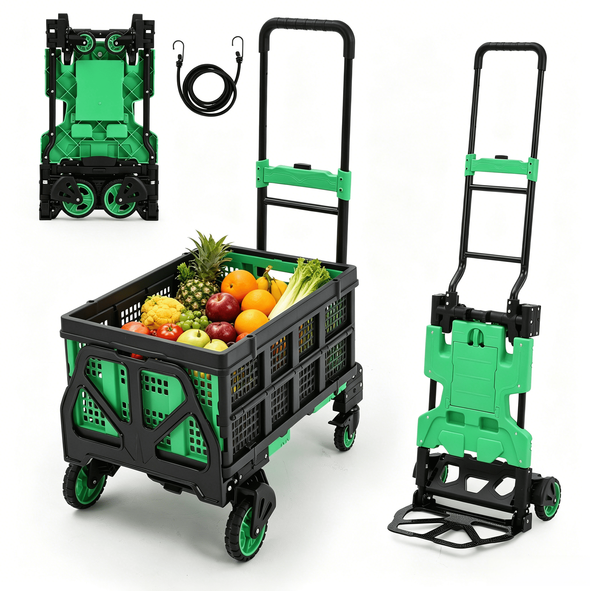 Hand Cart Ropes 2-In-1 Folding Hand Truck with Foldable Basket, 330LB Dolly Cart with 4 ...