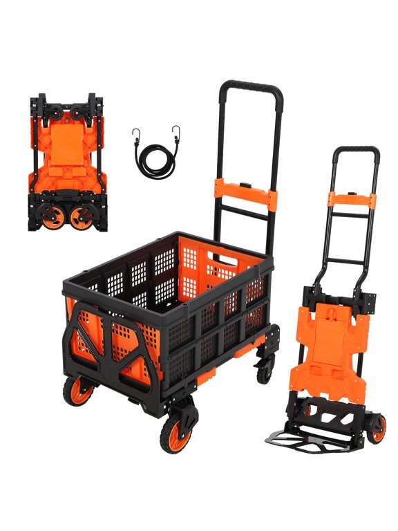 2-In-1 Folding Hand Truck with Foldable Basket, 330LB Dolly Cart with 4 Wheels & Retractable Handle, 2 Bungee Ropes Included for Luggage, Moving & Office Use - Orange