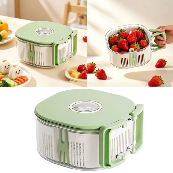 2-In-1 Fruit Strainer Container With Lid, 1 Pack Multifunctional Drain Basket, Detachable Colander & Food Strainers For Vegetable Fruit Cleaning & Fridge Food Storage, Built-In Fork, Green