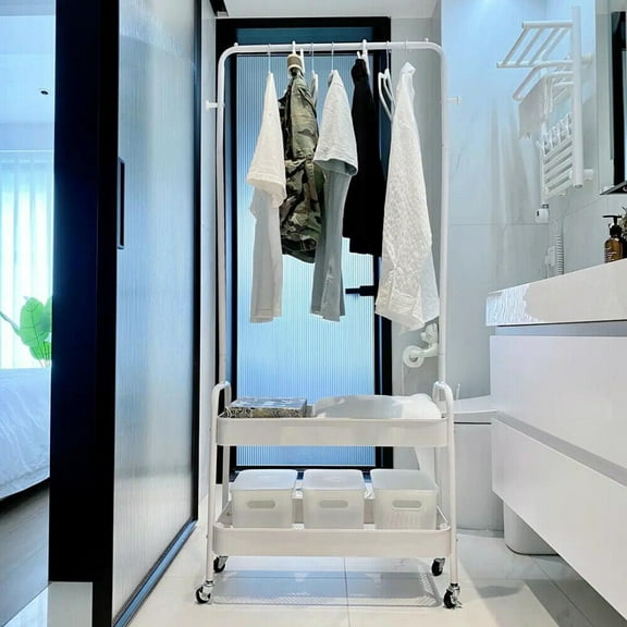 2-In 1 Garment Rack Clothing Rack With 2 Tier Metal Basket Rolling Storage Cart Each Tier Load-Bearing Capacity 22.05lbs 26.4*11.8*62.6in for Laundry Rooms, Balconies, Bedrooms