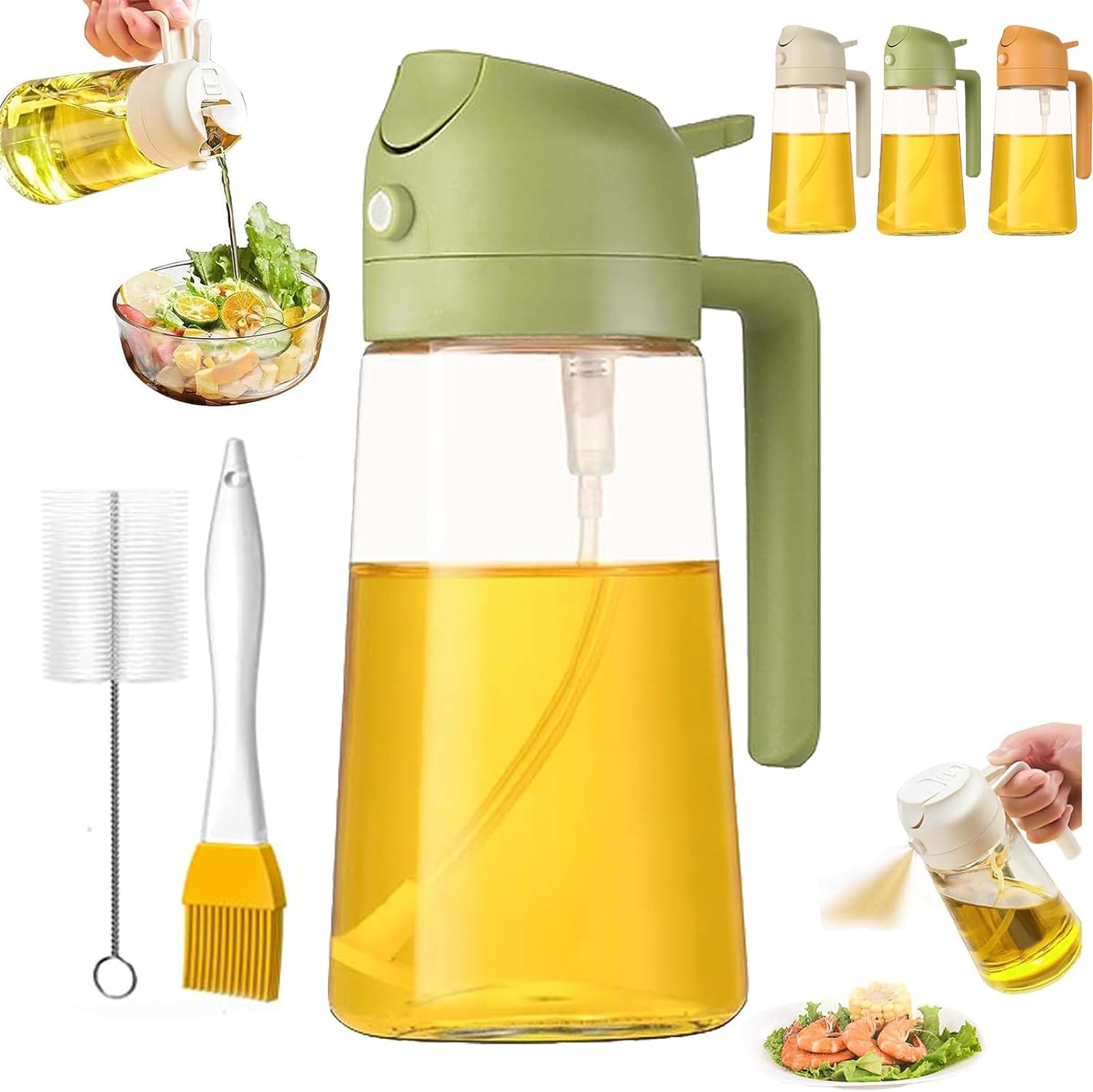 2-in-1 Glas-Ölsprüher & Ausgießer – 470 Ml, Mit Pumpe Für Gleichmäßiges Sprühen (grün, Gelb, Beige)