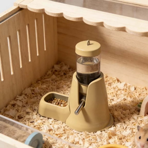 2 In 1 Hamster Water Bottle with Food Tray Leak Proof No Drip Small Pet Drinking Dispenser Stand Feeder for Gerbils Mice Rodents(Yellow-16cm)