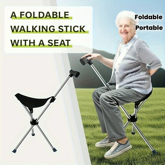 2-In-1 Heavy Duty Folding Cane and Stool 300lb Capacity, Portable Compact Lightweight Aluminum Frame Ergonomic Seat Sturdy Legs for Hiking Camping Outdoor Elderly Travel