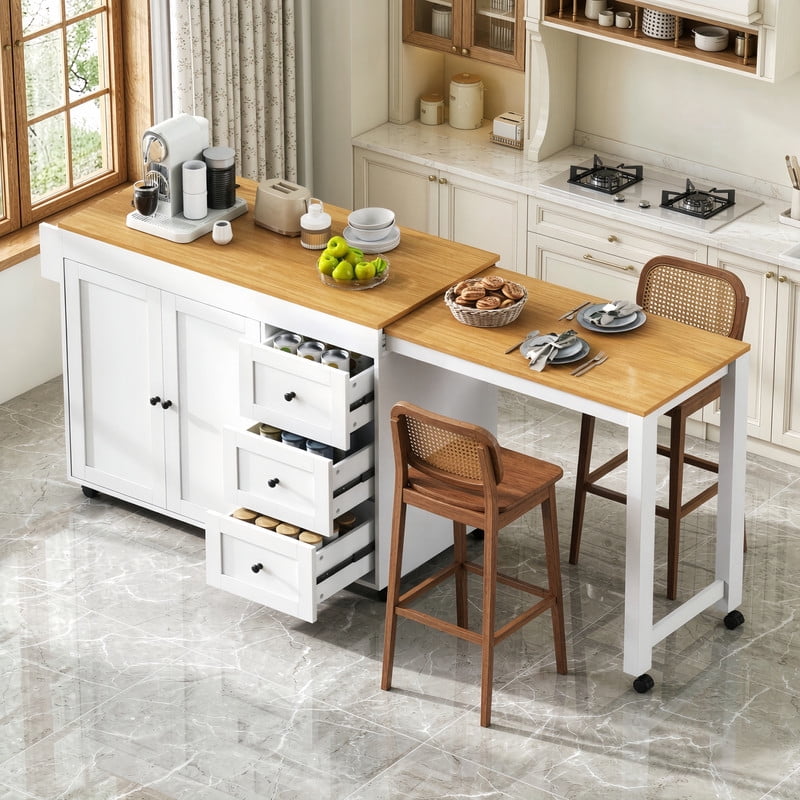 2-In-1 Kitchen Island with Extendable Dining Table, Kitchen Storage Serving Cart with Drawers, Racks & Power Outlet