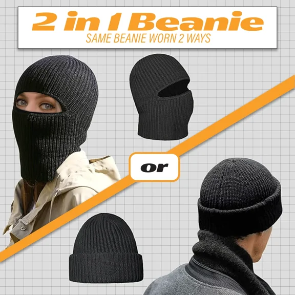 2 In 1 Knitted Beanie Balaclava Full Face Ski Mask Cover Beanie Hat For Men Roll
