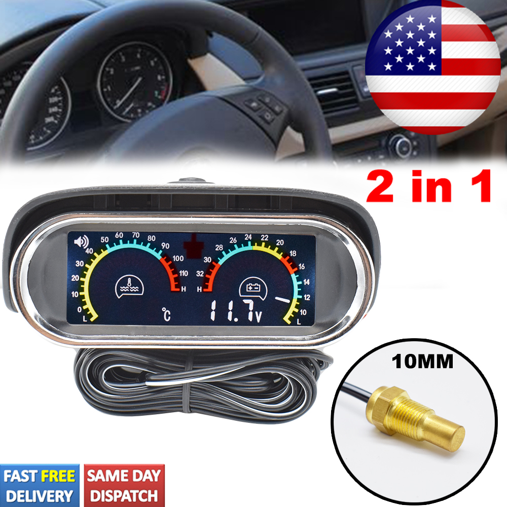 2 In 1 LCD Digital Water Temp Gauge 12V/24V Temperature Voltmeter Alarm