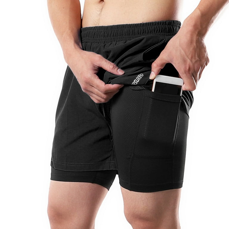 2-In-1 Men Running Shorts with Towel Loop Pockets Quick Dry Exercise Shorts  for Training Gym Workout 