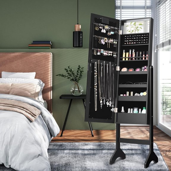 2-In-1 Mirrored Jewelry Armoire with 18 LED Lights & Inside Makeup Mirror, Standing Jewelry Cabinet for Bedroom Dressing Room, Large Capacity, Full Length Mirror with Storage (Black)