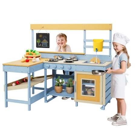 2-In-1 Outdoor Kitchen & Picnic Table for Kids, Play Sink Included