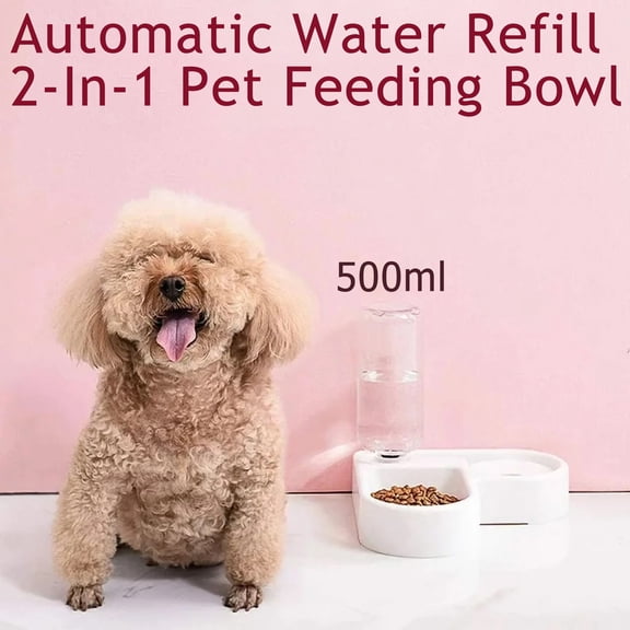 2-In-1 Pet Bowl (Food & Water) – Automatic Water Dispenser, Anti-Rollover/Anti-Wet Mouth, Heart-Shaped Space-Saving White