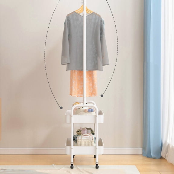 2 In 1 Rolling Garment Rack Clothing Rack with 2 Tier Metal Basket Clothes Organizer Rack Laundry Cart with Hanging Rack for Home Bedroom (White)