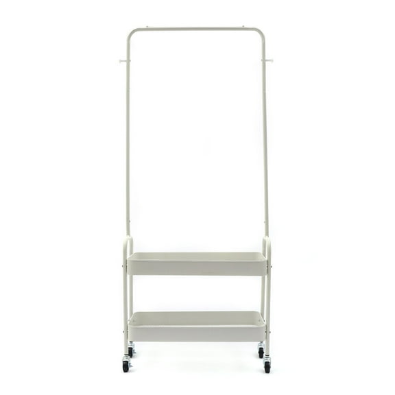 2 In 1 Rolling Garment Rack Clothing Rack with 2 Tier Metal Basket Clothes Organizer Rack Laundry Cart with Hanging Rack for Home Bedroom (White)