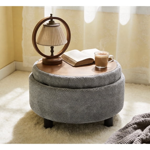 2 In 1 Round Storage Ottoman Wooden Top Textured Fabric Lift Off Lid ...