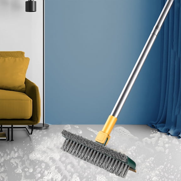 2 In 1 Scalable Floor Scrub Brush, Long Handle Grout Brush, V-Shape Stiff Bristle with Squeegee 180° Rotating for Bathroom, Kitchen, Patio