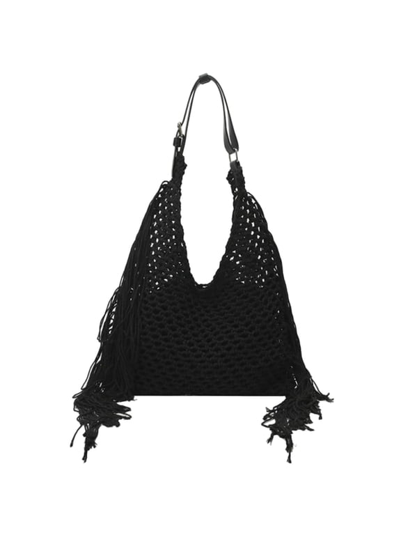 2-In-1 Set Fringe Hollow Women Handbag Crochet Woven Shoulder Bag Large Knit Hobo Purse Travel Summer Beach Boho Tote