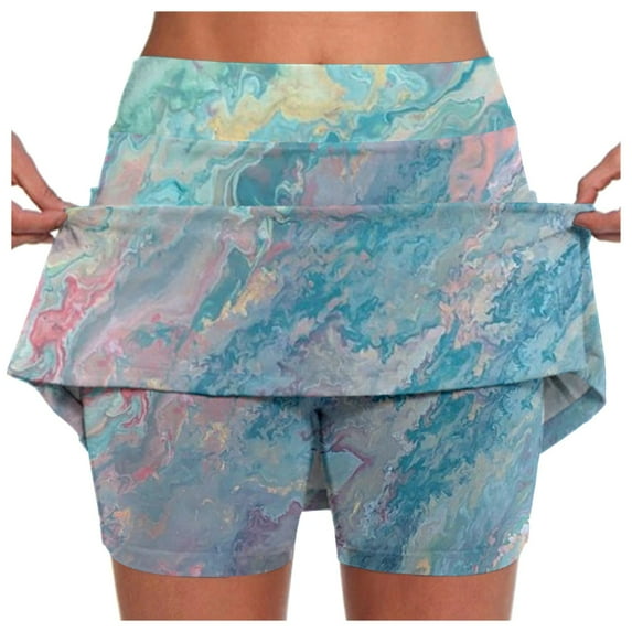 2 In 1 Skorts for Women 2 In 1 High Waisted Compression Liner Shorts Summer High Elastic Gym Shorts Tennis Skorts Shorts with Pockets,Light Blue,XL