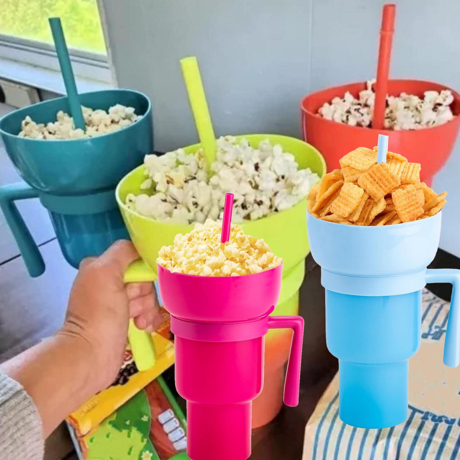 2 In 1 Snack Drink Cup With Straw Large Opening Plastic Beverage Cup