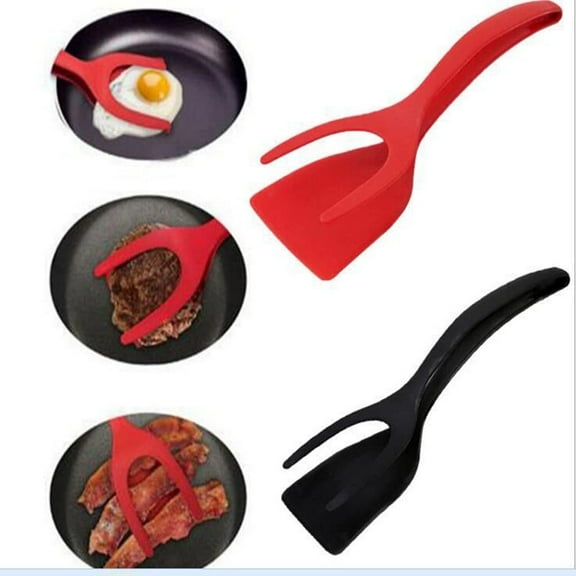 2 In 1 Spatula Egg Spatula Tongs Silicone Fried Egg Double Spatula Flip Eggs Spatula (Red+Black)