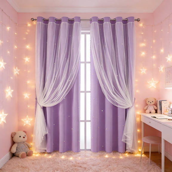 2 In 1 Star Lace Double Layer Blackout Curtain 39.37x51.18 Inch, Thermal Insulated Light Blocking Window Drape For Bedroom Living Room(Purple)
