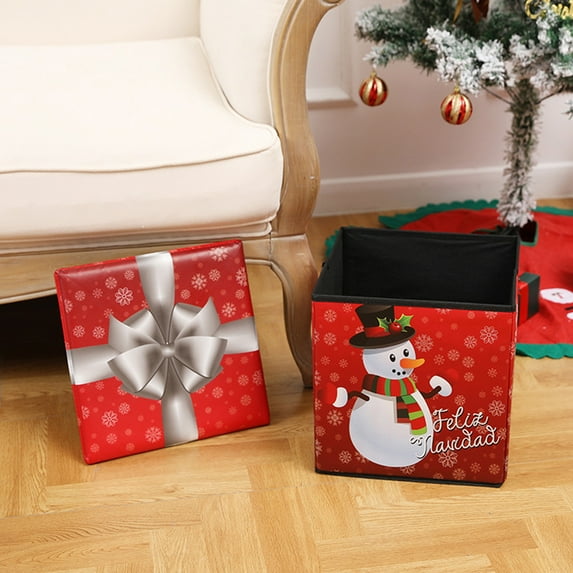 2-In-1 Storage Stool With Lid, Red Green Christmas Themed Ottoman For Toy Organization And Seating, Foldable Fabric Bin