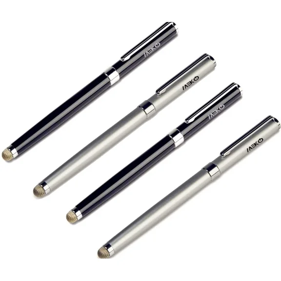 2-In-1 Stylus Pen Universal Use Meko Micro Fiber Tip Fine Ball Pen Black Silver