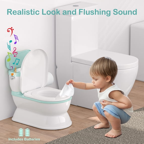 2-In-1 Toddler Potty Training Toilet - Larger Potty Chair & Detachable Training Seat for Boys & Girls Ages 1-3 with Flushing Sound, Wipes Storage, Toilet Paper Holder -Green