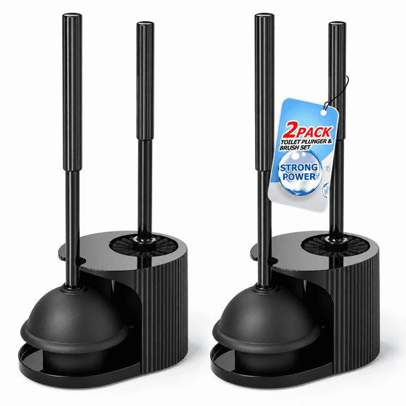 2-In-1 Toilet Brush And Plunger Set, 2 Pack, Black Bathroom Cleaning Tools