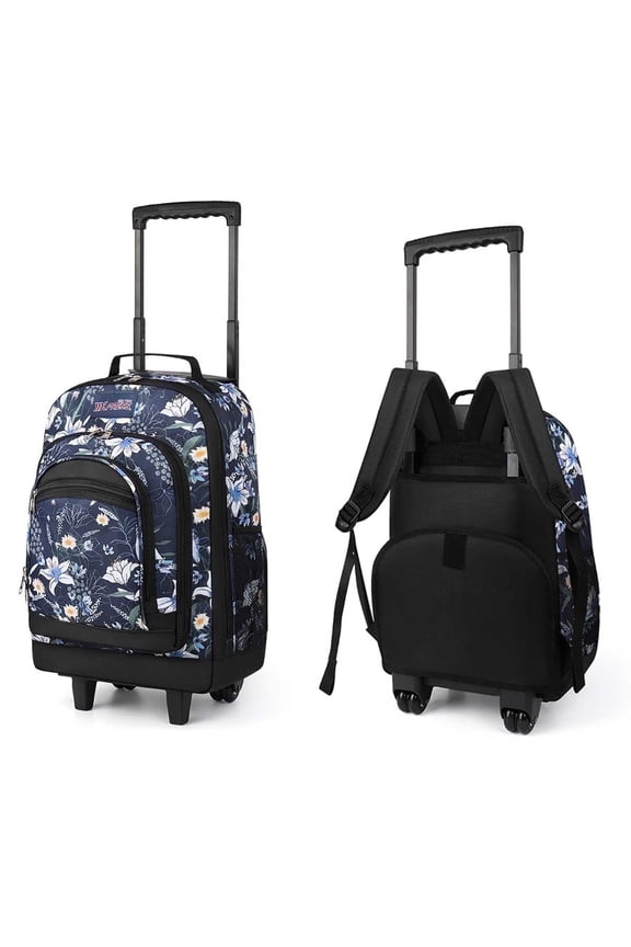 20" Rolling Backpack for Women Men, 2 in 1 Carry-on Travel Backpack with Wheels & Handle for Work, Weekend, School, Short Trips, Blue Lilies - JH2561