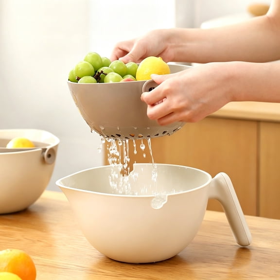 2 In 1 Vegetable Fruit Cleaning Spinning Colander with Handle, Double Layer Rotating Draining Basket for Kitchen Sink, Salad Spinner, Space Saving