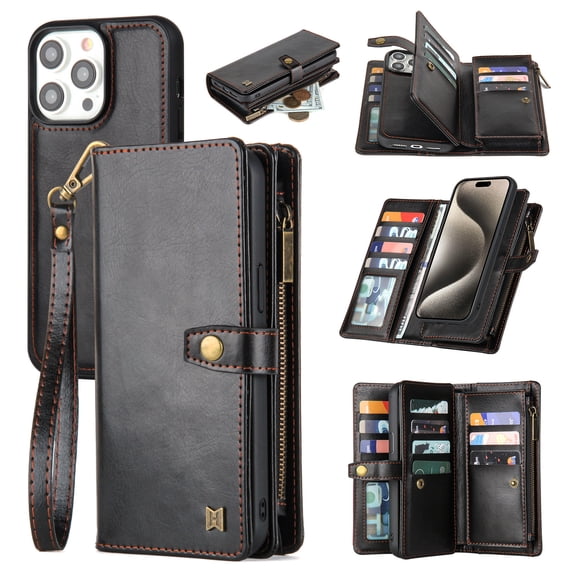 2 In 1 Wallet Phone Case for Apple iPhone 12 Pro Max, Detachable Magnetic Back Cover with Cards Holder Zipper Pocket Hand Wrist RFID Blocking Snap Closure Shockproof Case for iPhone 12 Pro Max, Black