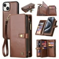 thumbnail image 1 of 2 In 1 Wallet Phone Case for Apple iPhone 14, Detachable Magnetic Back Cover with Cards Holder Zipper Pocket Hand Wrist RFID Blocking Snap Closure Shockproof Case for iPhone 14, Brown, 1 of 7