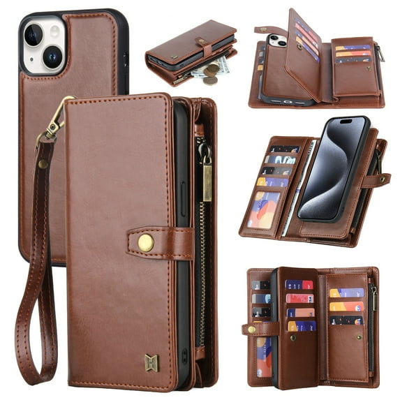 2 In 1 Wallet Phone Case for Apple iPhone 14, Detachable Magnetic Back Cover with Cards Holder Zipper Pocket Hand Wrist RFID Blocking Snap Closure Shockproof Case for iPhone 14, Brown