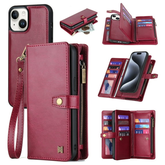 2 In 1 Wallet Phone Case for Apple iPhone 14, Detachable Magnetic Back Cover with Cards Holder Zipper Pocket Hand Wrist RFID Blocking Snap Closure Shockproof Case for iPhone 14, Red