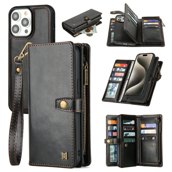 2 In 1 Wallet Phone Case for Apple iPhone 16 Plus, Detachable Magnetic Back Cover with Cards Holder Zipper Pocket Hand Wrist RFID Blocking Snap Closure Shockproof Case for iPhone 16 Plus, Black