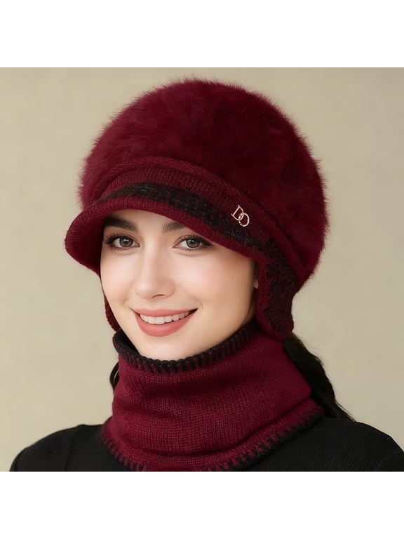 2-In-1 Warm Winter Hat Scarf , Slouchy Beret Hat Snow Knit Cap Scarves for Women Cold Weather Knit Fleece Lined