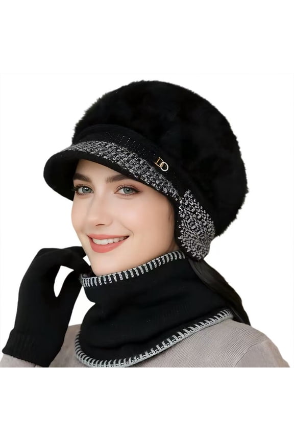 Winter Hat Scarf and Ear Warmer Caps, Warm Knit Beanie Hat Touch Screen Gloves Set Winter Gifts Neck Scarves for Women