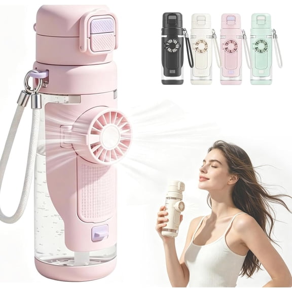 2-In-1 Water Bottle with Built-In Foldable Fan, 23.3oz Large Capacity Portable Dual-Drinking Cooling Bottle, 3-Speed USB Rechargeable with Straw for Summer Travel, Hiking & Outdoor Activities