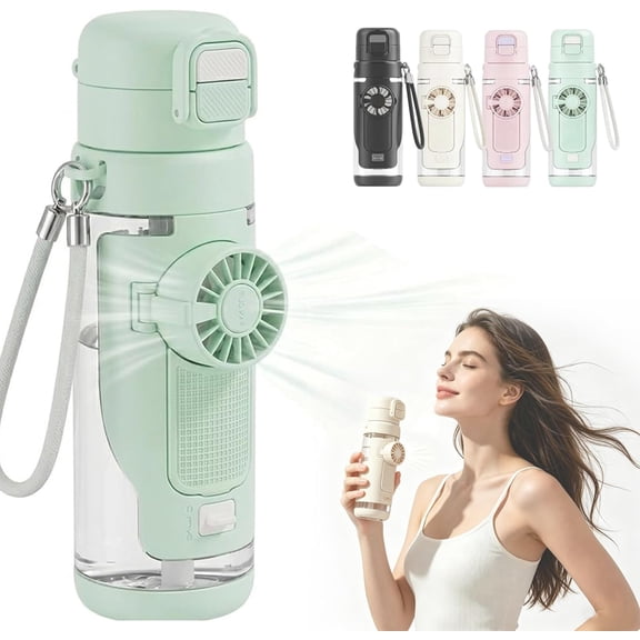 2-In-1 Water Bottle with Built-In Foldable Fan, 23.3oz Large Capacity Portable Dual-Drinking Cooling Bottle, 3-Speed USB Rechargeable with Straw for Summer Travel, Hiking & Outdoor Activities
