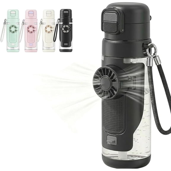 2-In-1 Water Bottle with Built-In Foldable Fan, 23.3oz Large Capacity Portable Dual-Drinking Cooling Bottle, 3-Speed USB Rechargeable with Straw for Summer Travel, Hiking & Outdoor Activities