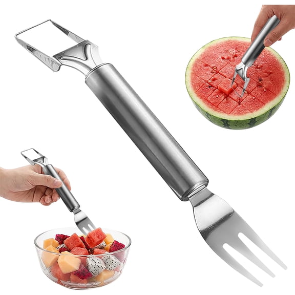 2-In-1 Watermelon Cutter And Serving Fork, Stainless Steel Fruit Slicer Tool For Cubes, Kitchen Gadget For Melon, Cantaloupe & Soft Fruits, Home, Picnics, Parties (1 Pcs)