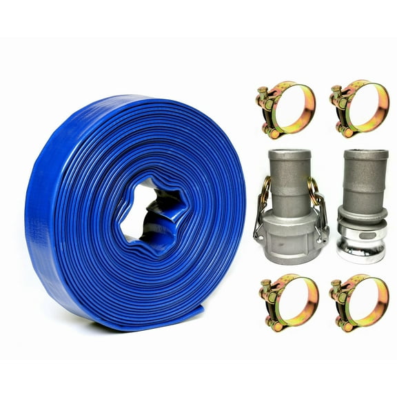 2" In Dia x 300 ft Heavy Duty Flat Lay Sump Pump Discharge and Backwash PVC Hose 4 Bar & Camlocks and Clamps