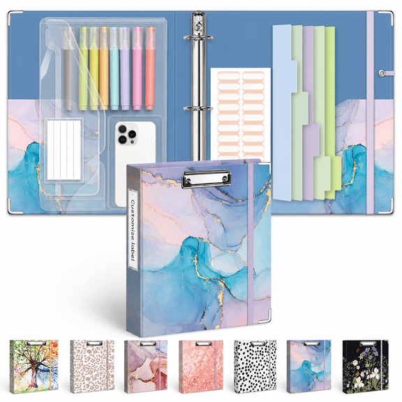 2 Inch 3 Ring Binder Organizer With Clipboard 5-tab Pockets Dividers Transparent Folder 18 Divider Stikers Decorative Three Pen Loop Elastic S(blue Marble Letter Size)