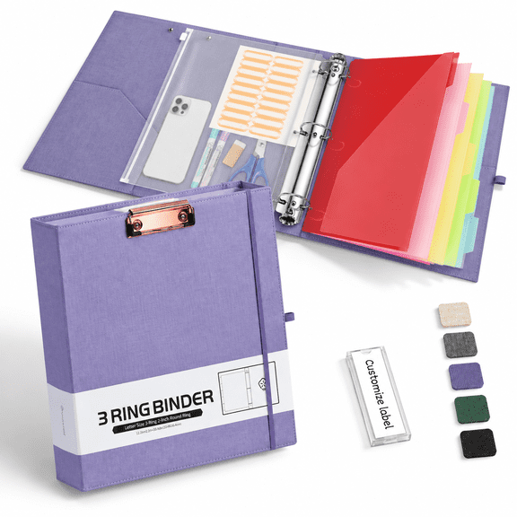 2 Inch 3 Ring Binder Organizer With Zipper Pouch Purple Linen Clipboards Portfolio (8.5" X 11") 5 Plastic Folders 10 Pockets Hard