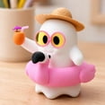 thumbnail image 1 of 2 Inch 3D Printed Summerween Beach Banshee Ghost Figurine, Cute Kawaii Ghost Statue with Flamingo Float, Straw Hat and Sunglasses, Halloween Summer Decor Mini Desk Ornament Collectible Gift, 1 of 7