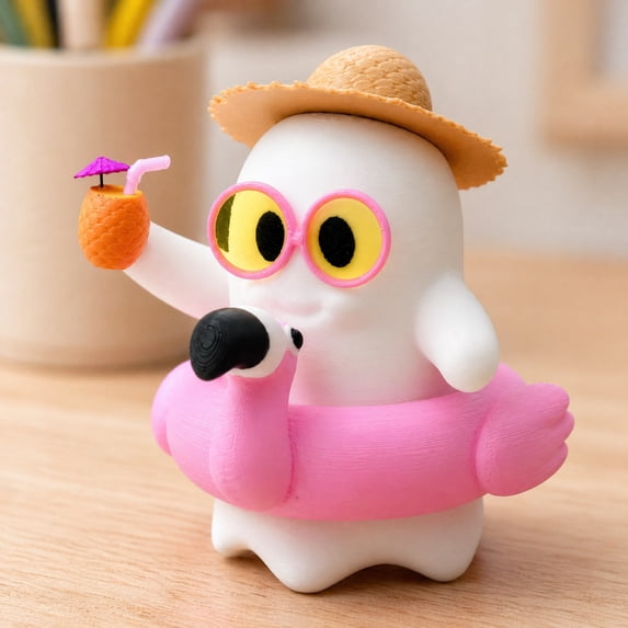 2 Inch 3D Printed Summerween Beach Banshee Ghost Figurine, Cute Kawaii Ghost Statue with Flamingo Float, Straw Hat and Sunglasses, Halloween Summer Decor Mini Desk Ornament Collectible Gift